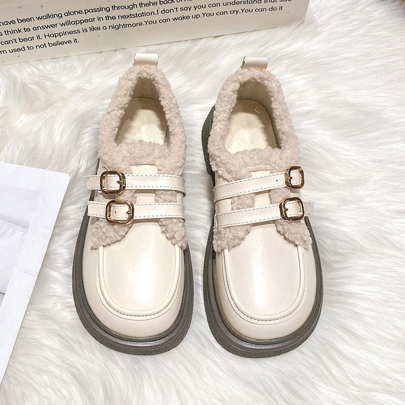 Лоферы женские осень/зима 2024 теплая флисовая обувь первого слоя из коровьей кожи женская обувь с низким верхом из овечьей шерсти модные маленькие кожаные туфли