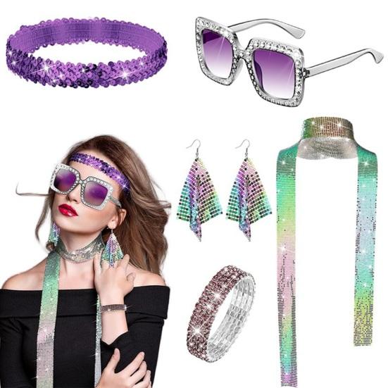5 Pcs/Set Women Jewelry Set Sequin Rhinestone Decor Vintage 60s 70s Disco Party Favors Cosplay Earrings Sunglasses Bracelet Headband Scarf Set