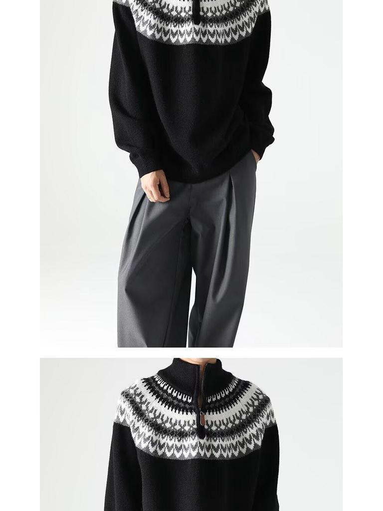 Мужской ретро вязаный свитер с жаккардовым узором и молнией на половину - Осенне-зимний стиль