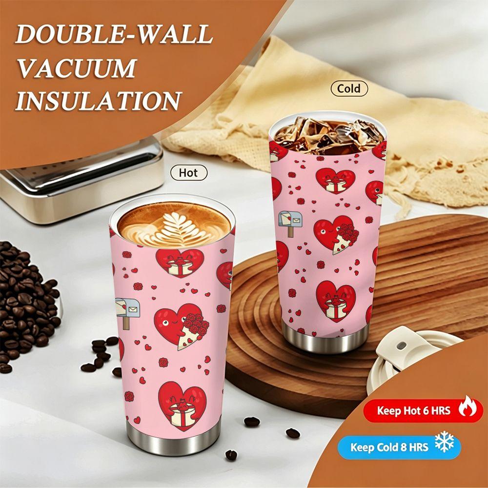 Cute Red Heart Pattern Insulated Coffee Tumbler Stainless Steel Vacuum Travel Mug Gift for Valentines Day Romantic Aesthetic Hot Cold Drink Cup