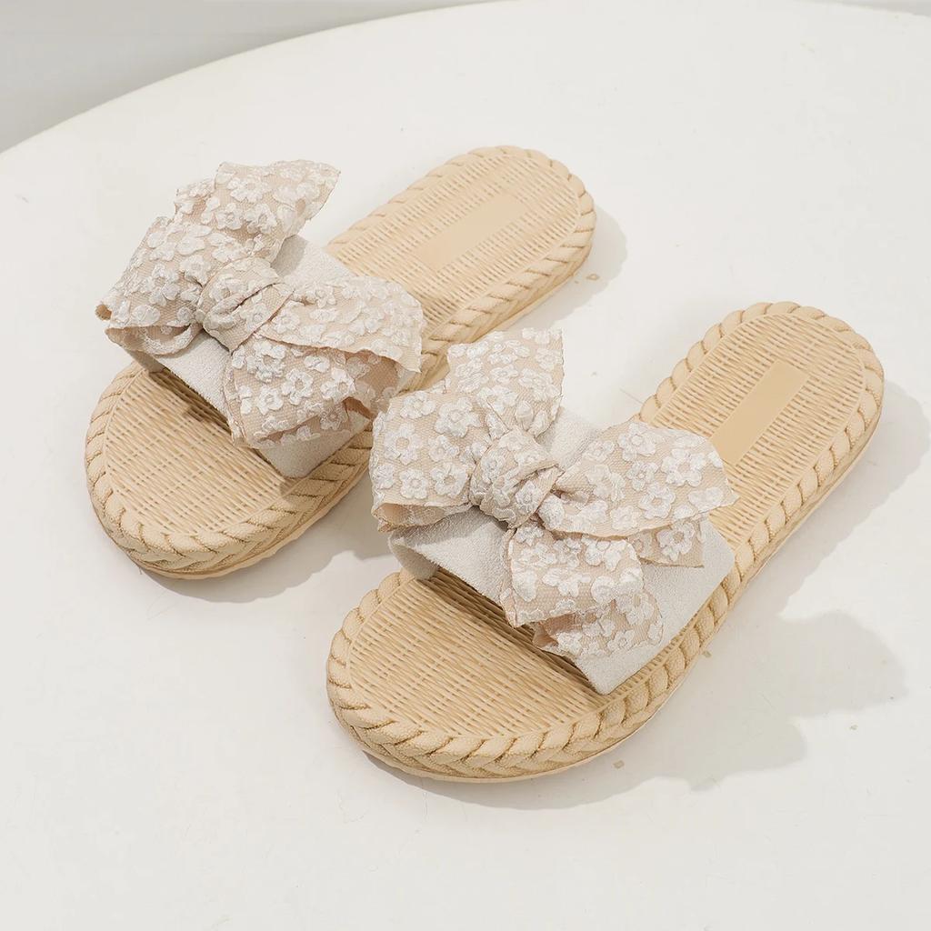 Мода Женская модная тенденция кружево бант противоскользящие износостойкие удобные мягкая подошва плоский каблук тапочки