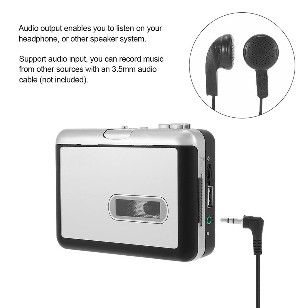 Конвертер кассеты в MP3, сохранение на USB-флеш-диске, автономное записывающее устройство с автоматическим разделением на разделы и наушниками, черный с серым