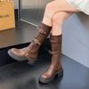 Fashion Comemore Brown Retro Thick-Soled Long Boots for Women Versatile Chunky Heel Retro Autumn Belt Buckle Platform Knee High Boots