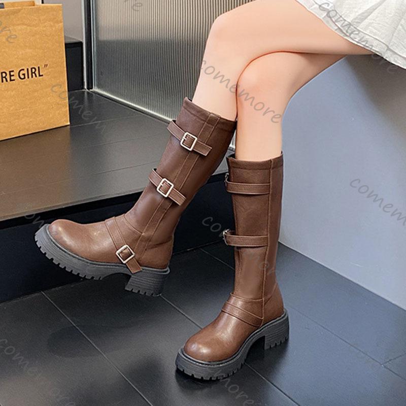 Fashion Comemore Brown Retro Thick-Soled Long Boots for Women Versatile Chunky Heel Retro Autumn Belt Buckle Platform Knee High Boots