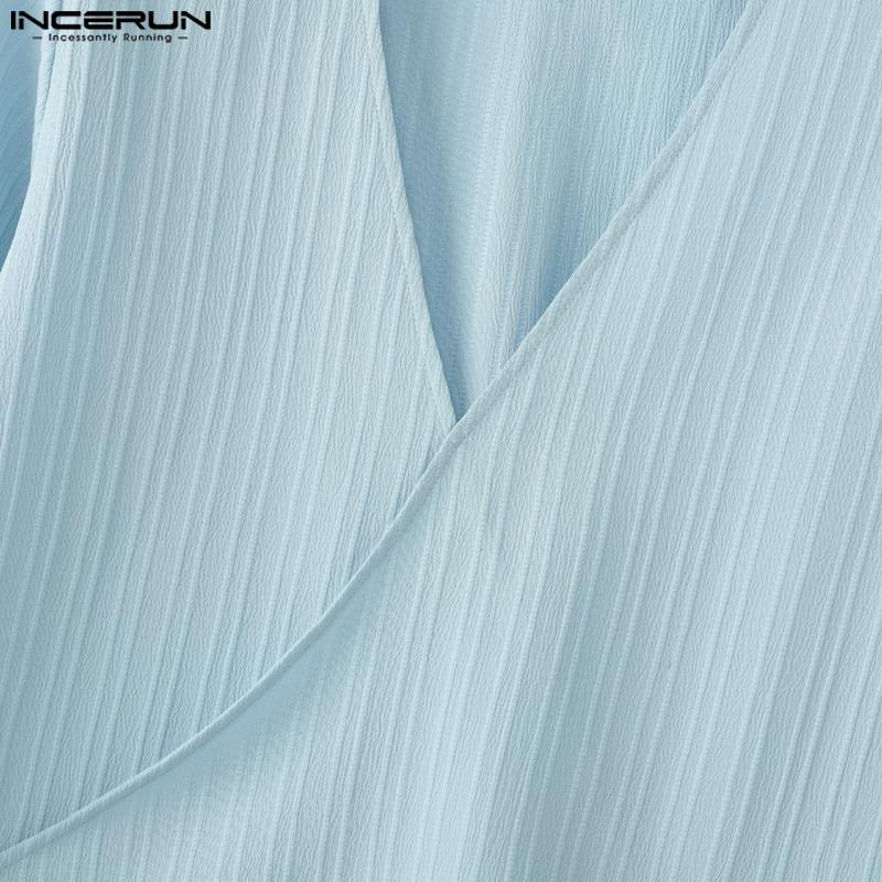 INCERUN Мужские комплекты из двух предметов: рубашка с коротким рукавом и текстурой, с V-образным вырезом, и длинные прямые брюки