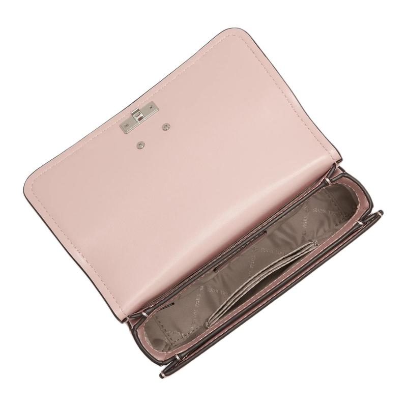 MICHAEL KORS Delancey silver logo plaque chain shoulder strap with flap closure cow split leather shoulder tote small women's light pink