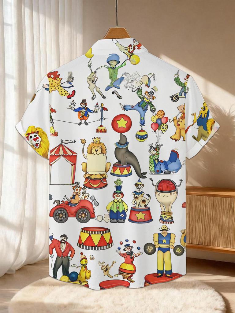 New Men's Casual Short-Sleeve Shirt - Circus Theme Cartoon Character Collection, Versatile Casual Top for Festivals, Parties, and Commuting, Polyester