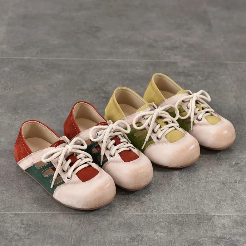 Johnature Сандалии с вырезами разных цветов, натуральная кожа, шнуровка, повседневные, на плоской подошве, женская обувь