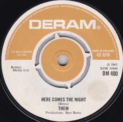 7-дюймовая пластинка THEM - Here Comes The Night DM400 Deram 1973 UK Рок Б/У