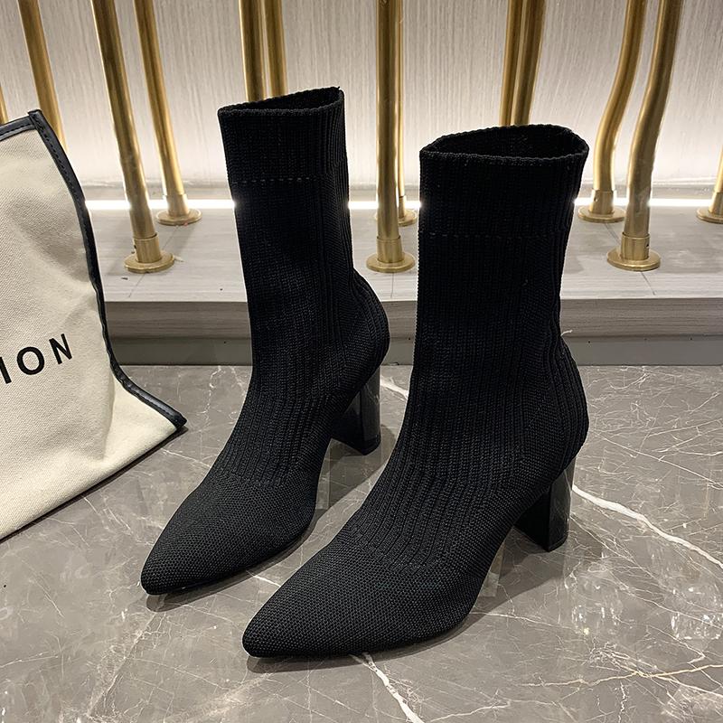 Мода 2025 весна осень женские вязаные носки сапоги модные туфли на квадратном каблуке с острым носком женские лаконичные короткие сапоги