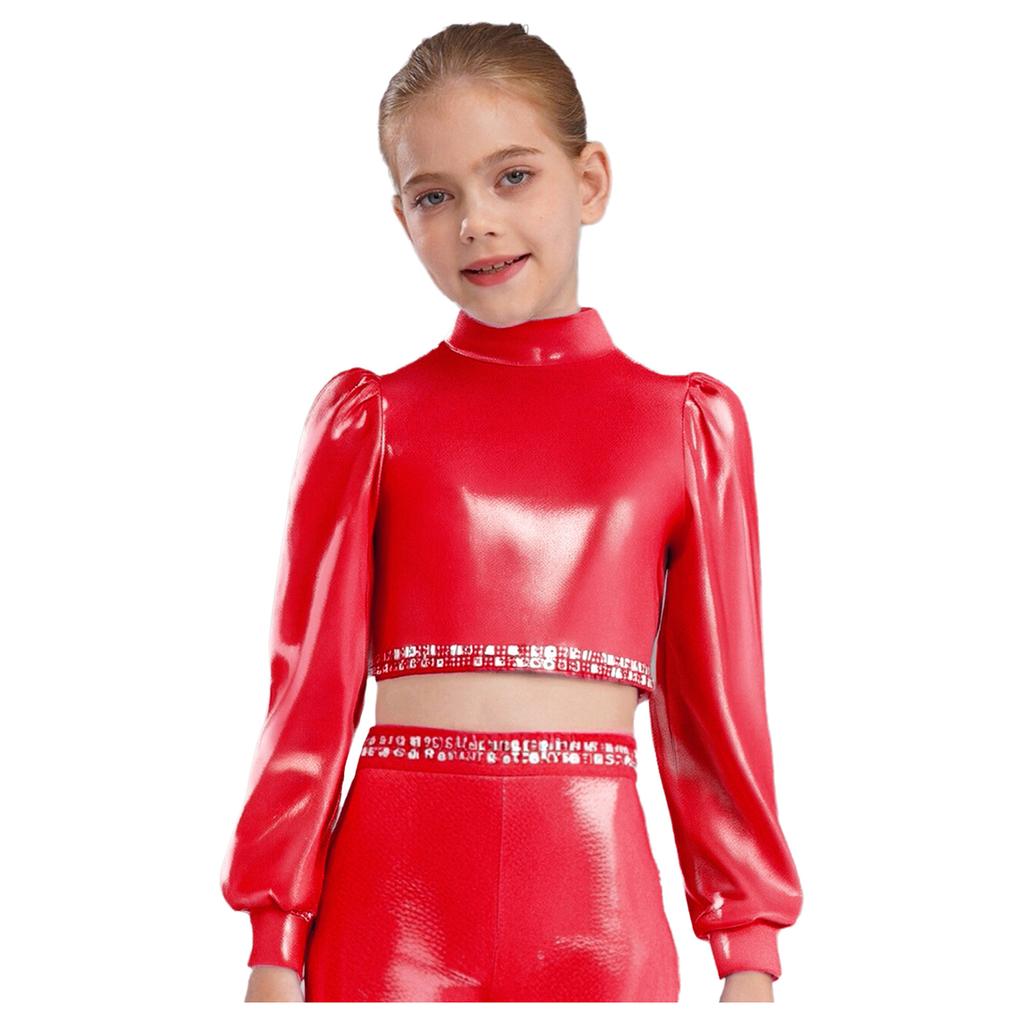 Girls Jazz Dance Top Mock Neck Long Sleeves with Invisible Zipper Back Shiny Rhinestones Metallic Dancewear
