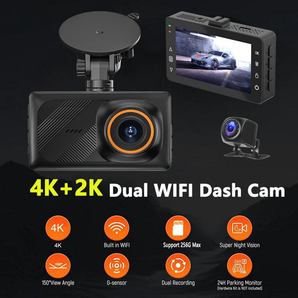 A5 4K Фронтальная 2K Задняя Автомобильная Видеокамера 3 Дюйма Двойной Объектив WiFi Подключение к Смартфону Запись Парковки Транспортного Средства