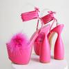 Summer Fluffy Fur Women Platform Chunky Sandals Fashion Runway Strange Extrem High Heels Pumps Open Toe Lace -Up Pole Dance Shoes