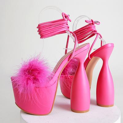 Летние женские сандалии на платформе с пушистым мехом, модные туфли-лодочки на очень высоком каблуке для подиума, туфли-лодочки на высоком каблуке с открытым носком, кружевные туфли для танцев на пилоне