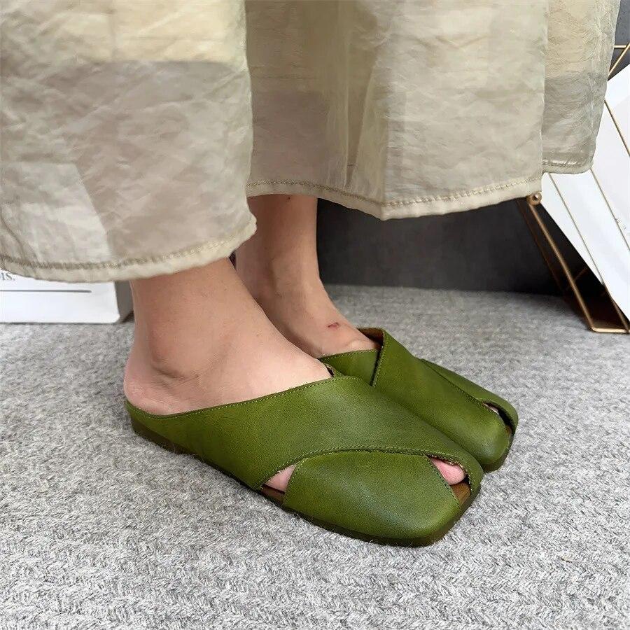 Johnature Тапочки из натуральной кожи с квадратным носком и открытым носком. Женская обувь. Повседневные шлепанцы на открытом воздухе. Удобные тапочки на плоской подошве.