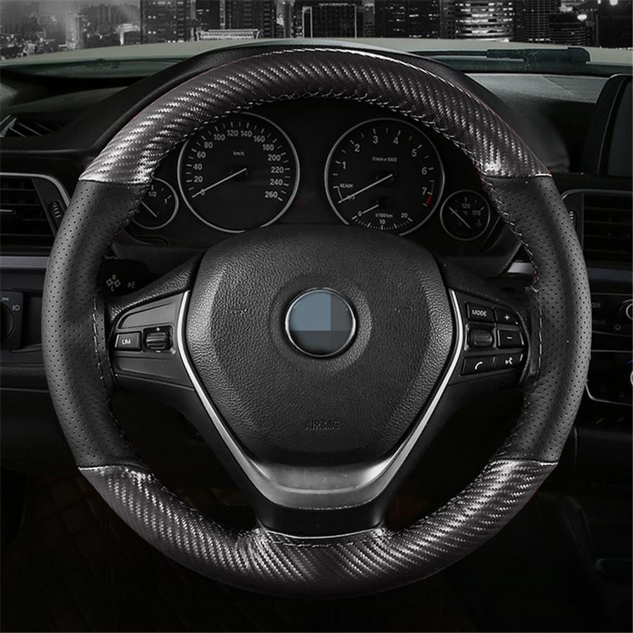 38CM Deluxe Black Carbon Fiber & Leather Car Steering Wheel Cover Trim Universal