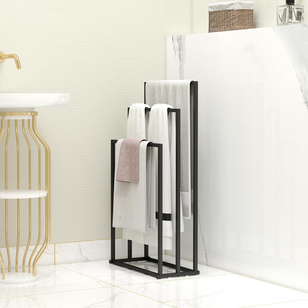 Freestanding Towel Rack, Steel Towel Rail Holder with 3 Bars, Black