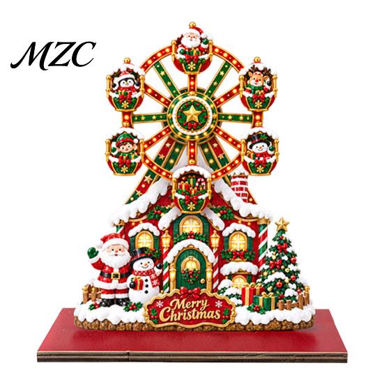 Festive Desktop Gift for Home Christmas Ferris Wheel Ornament, 2D Wooden Gingerbread House Decorative Figurine Sign, Rotating Tabletop Centerpiece