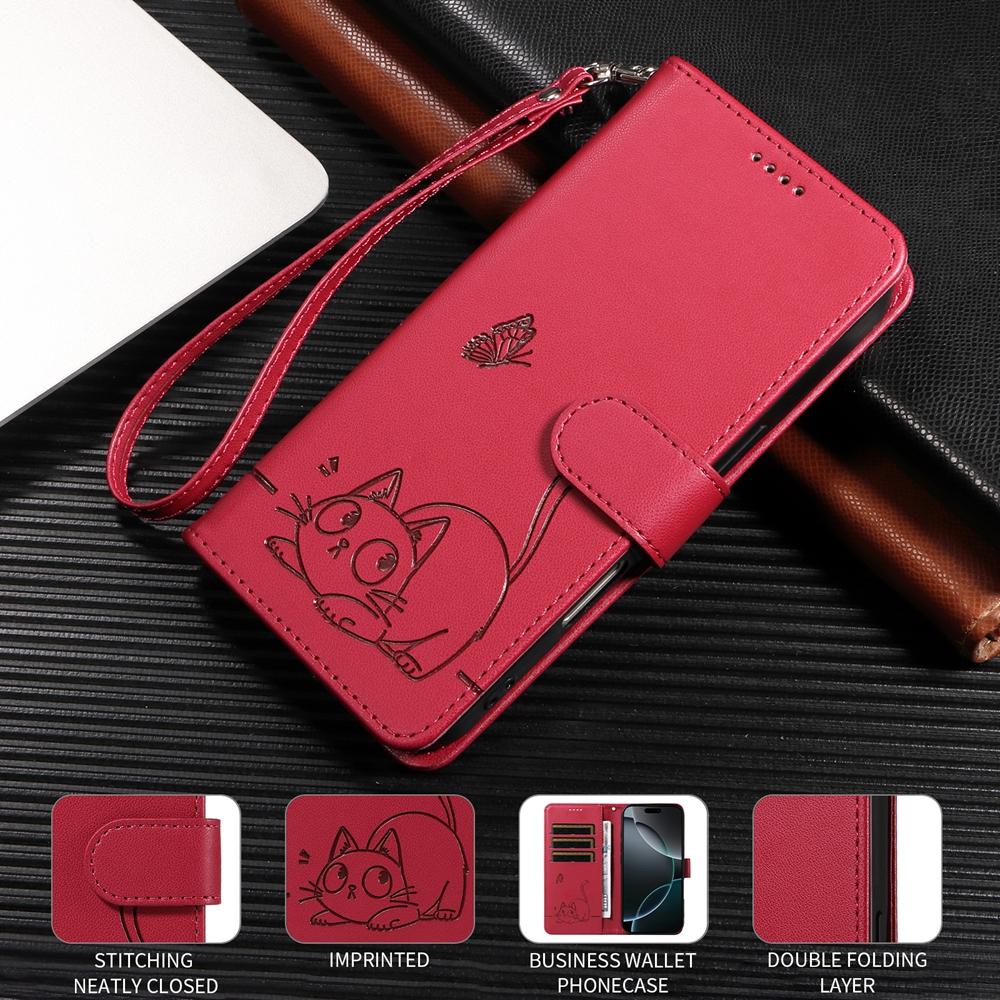Magnetic Leather Wallet Flip Case for Samsung Galaxy S25 S24 S23 S22 S21 S20 Plus Ultra FE | Cat & Butterfly Embossed Design