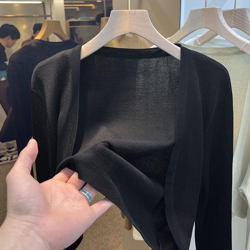 Летний тонкий шелковый вязаный кардиган для женщин, осенний длинный рукав, солнцезащитный кардиган, женская однотонная повседневная шаль, женский трикотаж, топы 24610