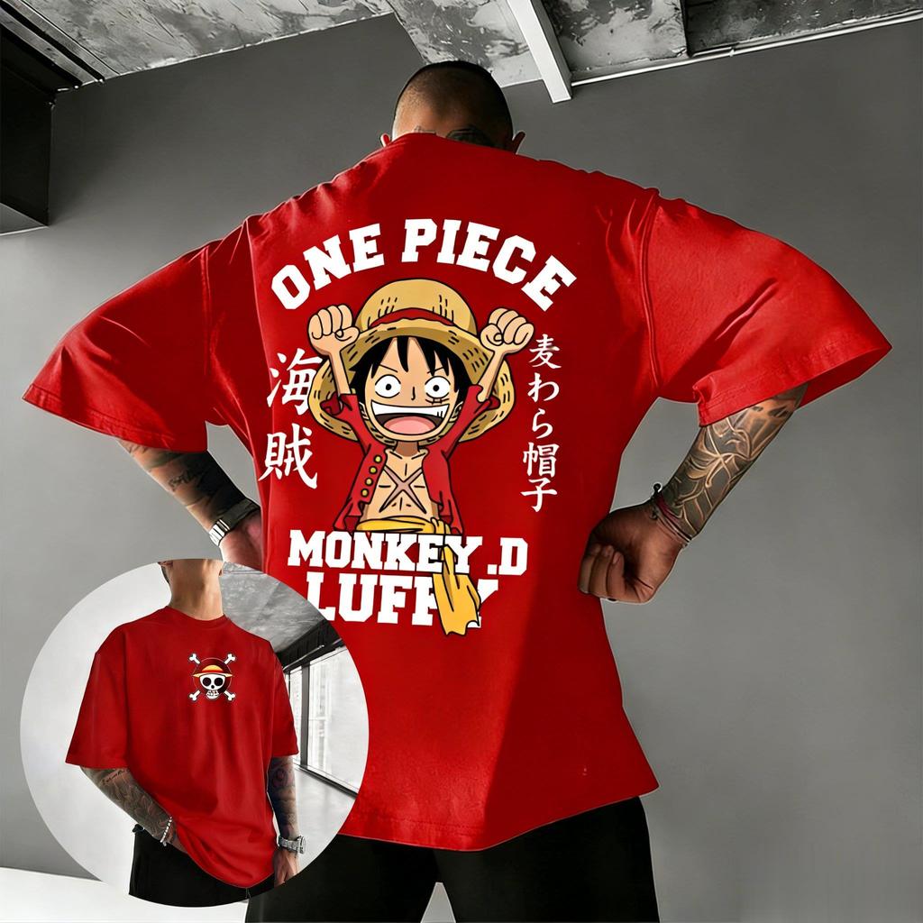 Bandai One Piece Принт Луффи Короткий рукав Свободный Мужские и Женские Летние Для поездок на работу Дышащая Спортивная Хлопковая Футболка 2026