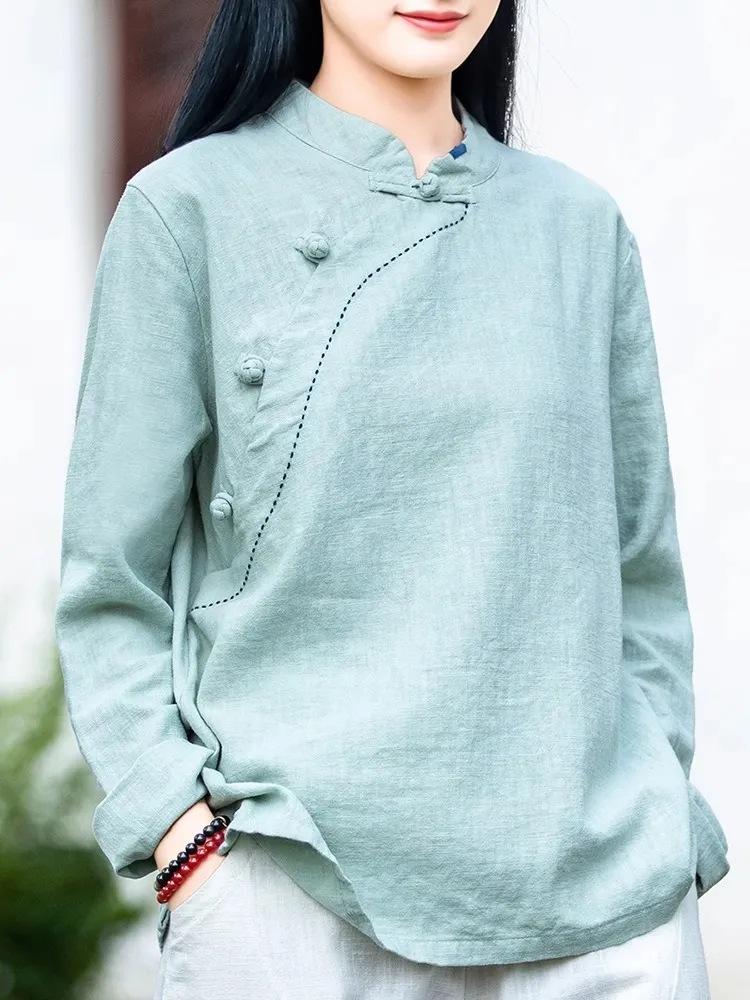 Женский топ из хлопка и льна с воротником-стойкой и длинными рукавами, новая модель весна-осень, пуловер с пряжкой, футболка с длинными рукавами