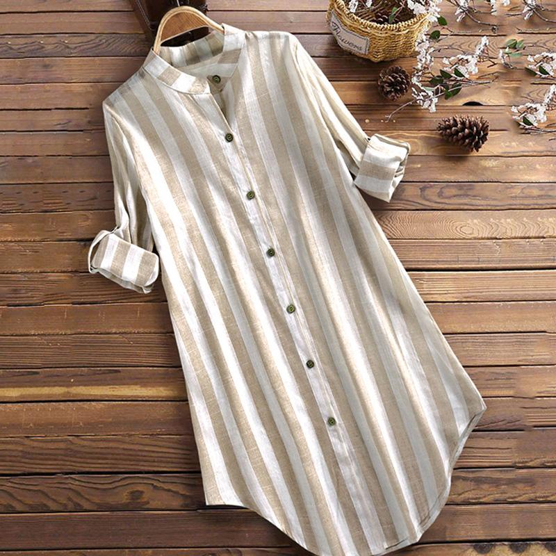 Autumn Fashion Striped Long-sleeved Shirt Casual Large Size Cotton and Linen Shirt