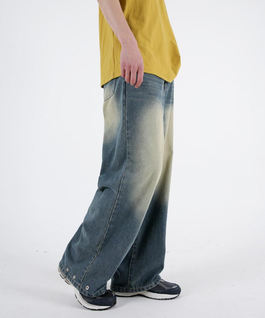 UMM Men'S Wide Denim Pants With Adjustable Hem Buttons 2 Colors