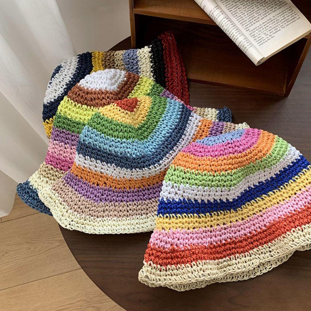 Вязаная радужная шляпа-козырек, пляжная шляпа-рыбака, дышащая, солнцезащитная, шляпа-ведро, женская