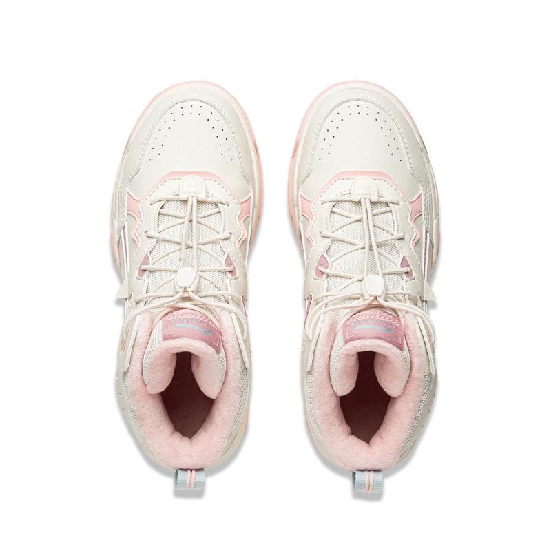 Li Ning Kids Versatile Non-Slip Wear-Resistant Rebound Lightweight Shock Absorbing High-Top Casual Shoes Kids Casual Shoes White Pink YKCU194-24