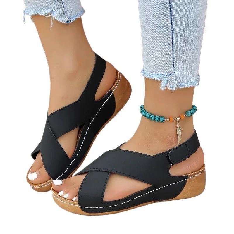 Женская обувь 2024 года, женские босоножки с открытым носком, повседневные босоножки с круглым носком, на платформе и танкетке, римские туфли для женщин