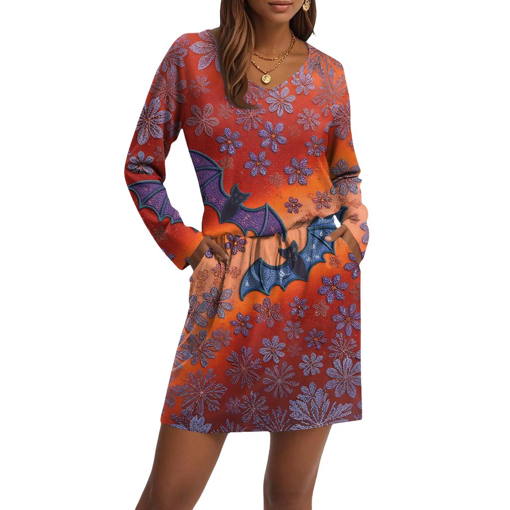 Women's Fashionable V-neck Long Sleeved Drawstring With Pocket Halloween Printed Casual Dress