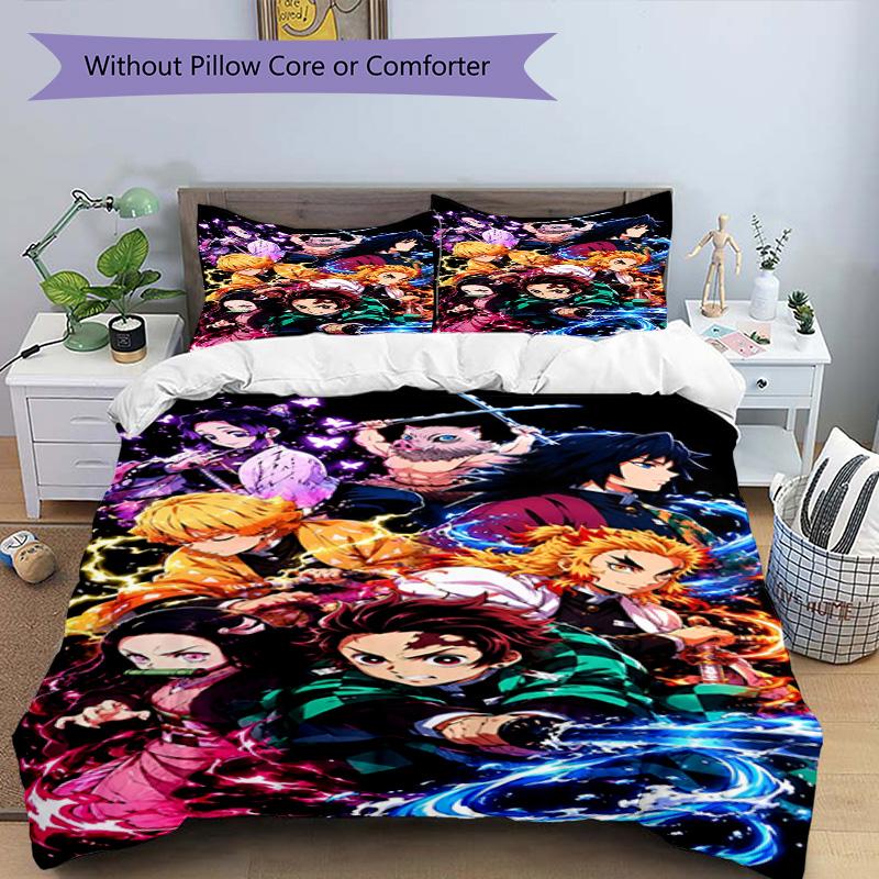 3pcs Duvet Cover Set (1*Duvet Cover + 2*Pillowcase, Without Core), Demon Slayer Print Bedding Set, Bedroom Decor, All‑Season, Birthday Gift