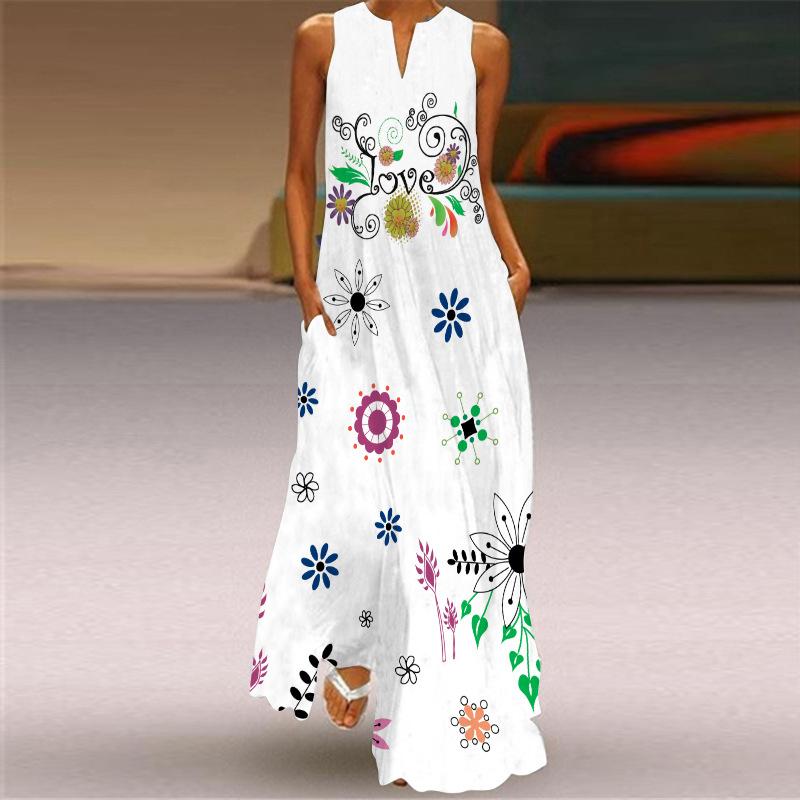 2026 summer women's fashion and sexy digital printing long dress V-neck sleeveless pocket European and American dress S-5XL