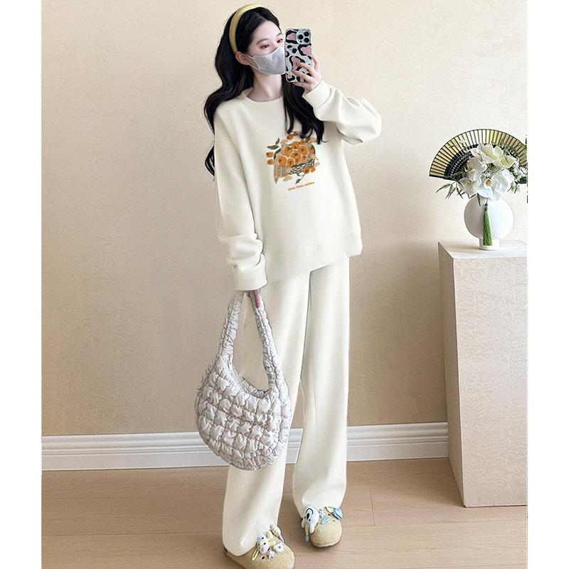 Беременность 2025 Весна/Осень Уличная Мода Темно-Серый Свитшот и Брюки Комплект