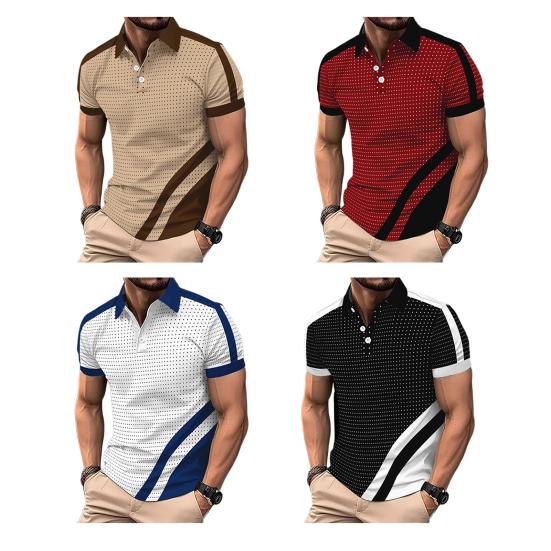 Мужская футболка с лацканами, облегающая футболка в горошек из полиэстера, цветной блок, летняя повседневная футболка с коротким рукавом для повседневной носки, для спорта и улицы