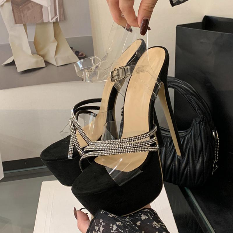 Summer Fashion Rhinestone Platform High Heels Transparent Sandals for Women Open Toe PVC Ankle Strap Wedding Banquet Shoes