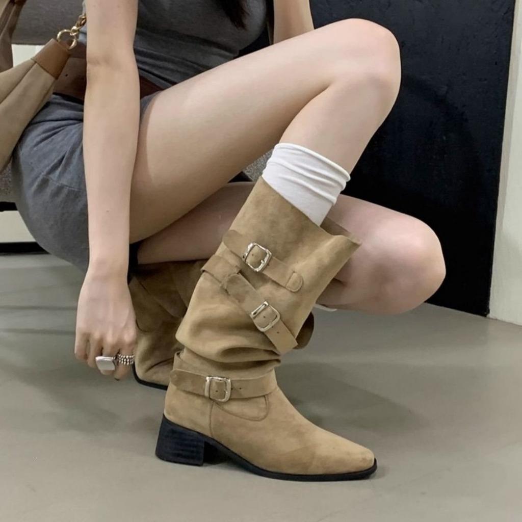 Tall Pile Boots Women's Autumn and Winter New Thick High Heel Pointed But Knee Long Boots Folded Skinny Knight Boots