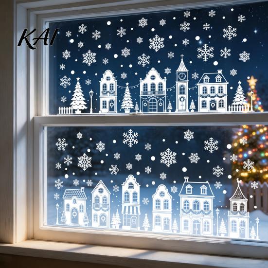 Holiday Atmosphere Window Displays 4Pcs Christmas Static Clings, White Town House Snowflake Glass Stickers, Elegant Minimalist Decor Reusable Xmas for