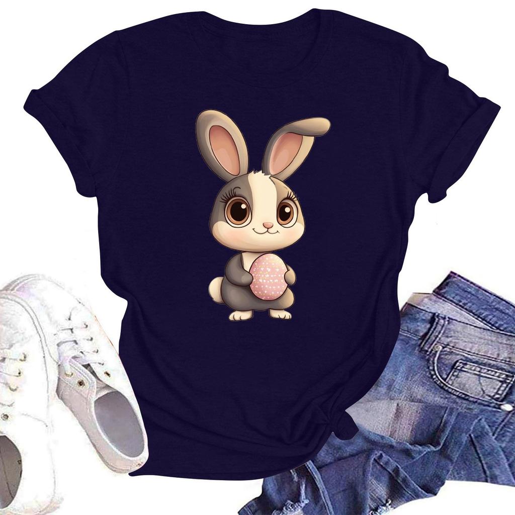 Happy Easter Women's Fashion Printed Round Neck Short Sleeve T-Shirt Pullover Top