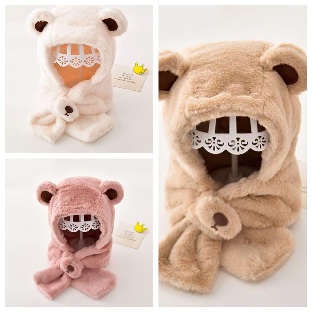 Solid Color Children Fleece Hat Fashion Design Plush Hat with Scarf Outdoor Bear Plush Hat Kid