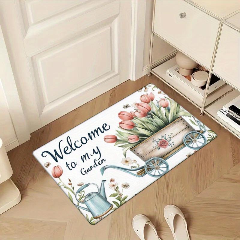 1pc Welcome to My Garden Non-Slip Door Mat - 0.47inch Thick Machine Washable Polyester Mat with Floral Tulip & Wooden Cart Desig
