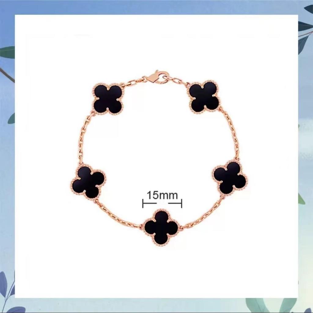 Браслет с четырехлистным клевером и пятью цветами, женский, 18k, с цветком удачи, с белым перламутром