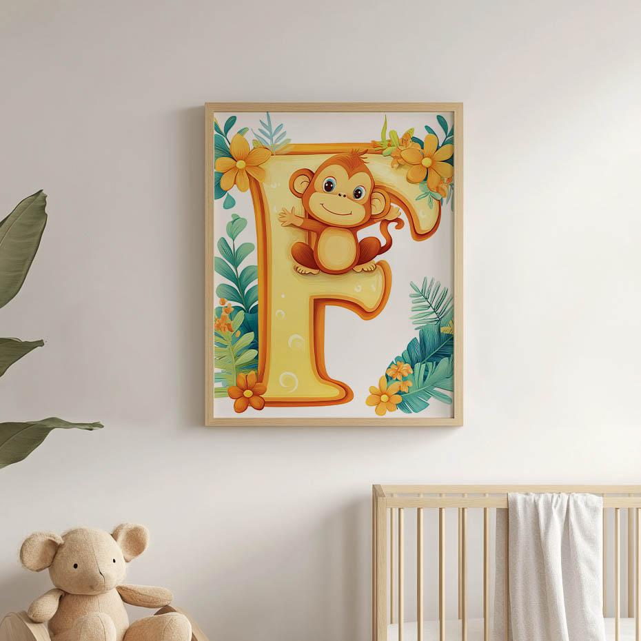 Poster Cheerful "F" With Monkey Poster Cheerful "F" With Monkey, 30X40 Cm, Dark Brown Wooden Frame, 230 Gsm Matte Paper