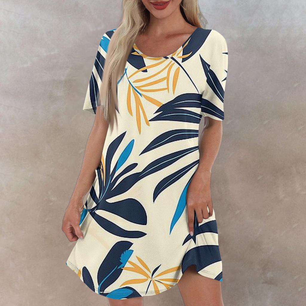 Женское повседневное и модное платье средней длины с V-образным вырезом и коротким рукавом с принтом
