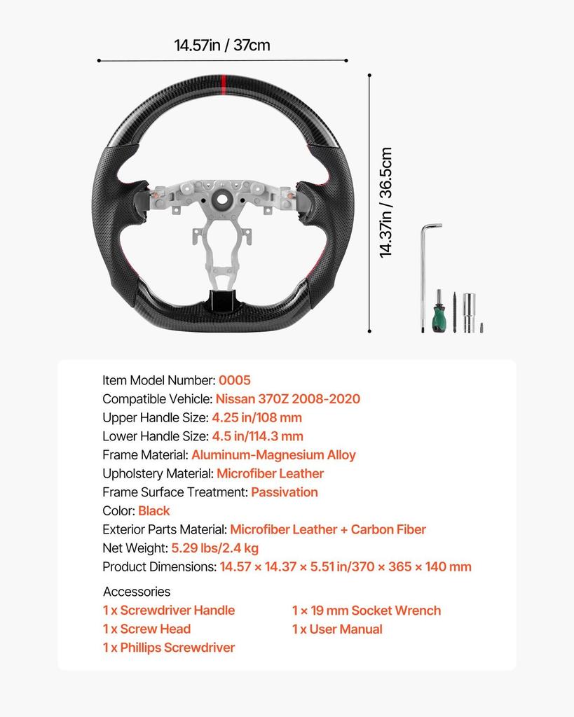 Steering Wheel for 2008-2020 Nissan 370Z, Carbon Fiber Steering Wheel D-Shaped Flat-Bottom, Leather Grip with Non-Slip Texture & Precise Stitching,