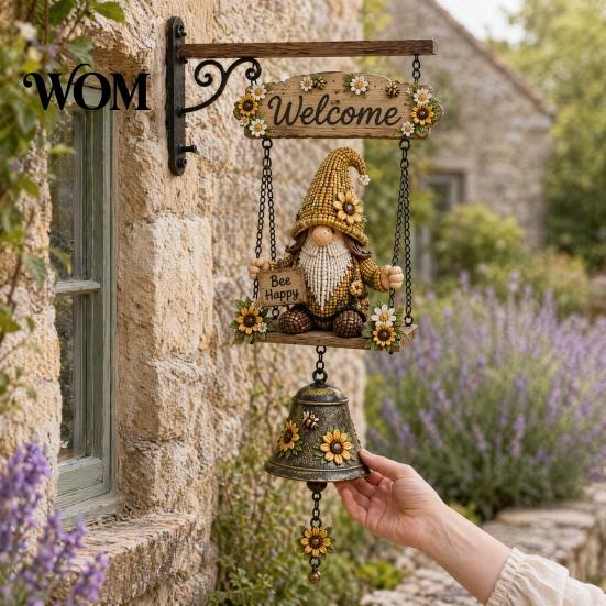 Country Style Garden Decoration Rustic Gnome Bell, Large Gnomes Welcome Hanging Doorbell, Bell Decor for Front Porch Patio Fence Farmhouse,