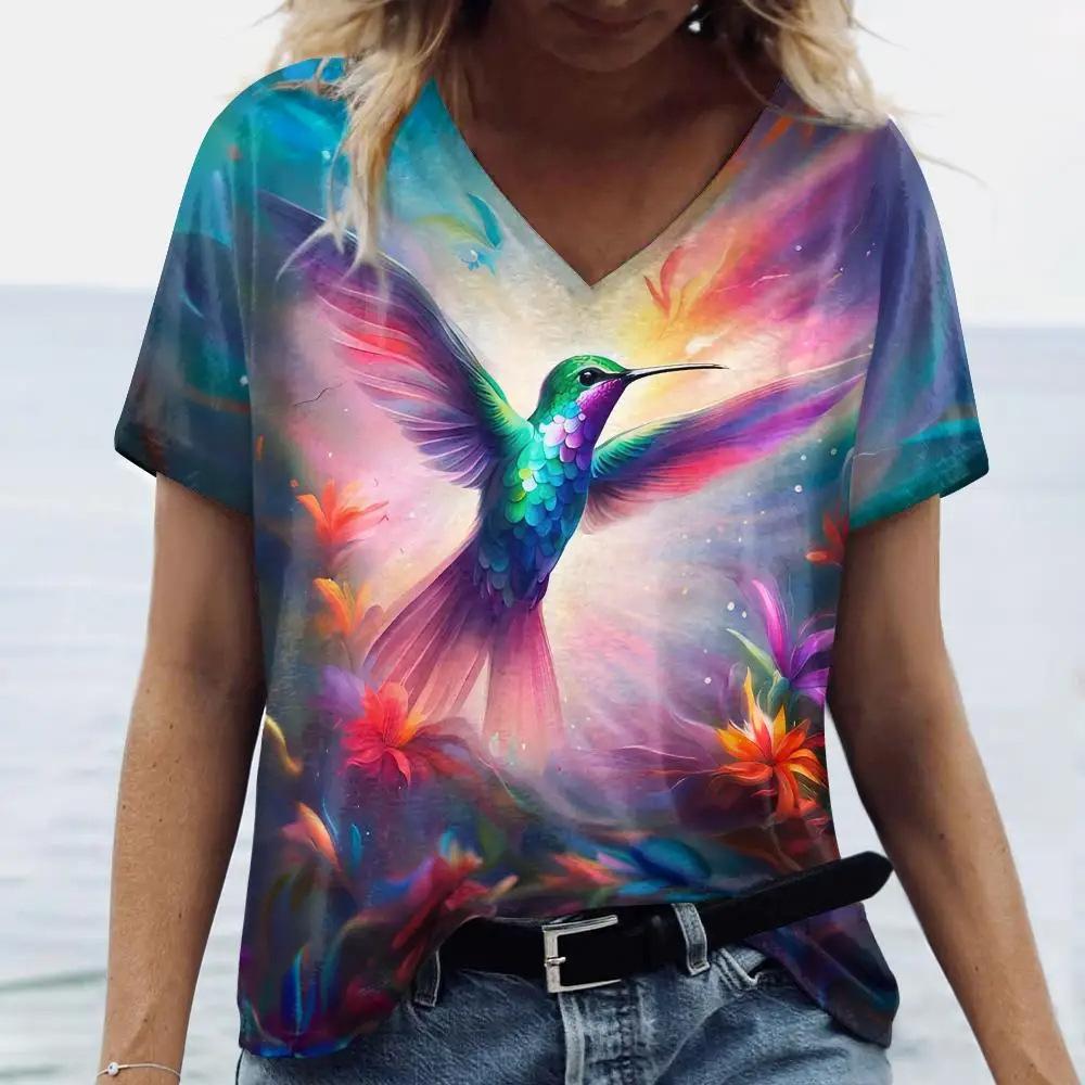 Летняя мода птица попугай 3D принт футболки женские V-образный вырез короткий рукав футболка Y2k топы футболки свободные Harajuku женская одежда