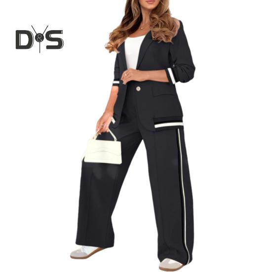 Женский костюм из 2 предметов: пальто, брюки, отложной воротник, длинные рукава, эластичный подол, куртка, широкие брюки с высокой талией, офисный наряд для поездок на работу