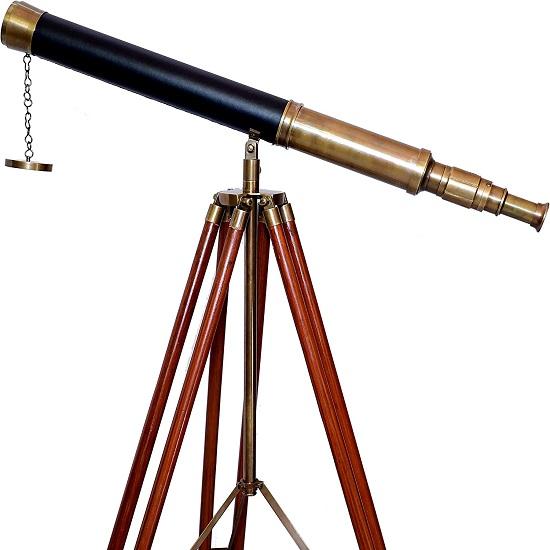 Морской катер Коричневый старинный телескоп Черный кожаный деревянный штатив Морской телескоп
